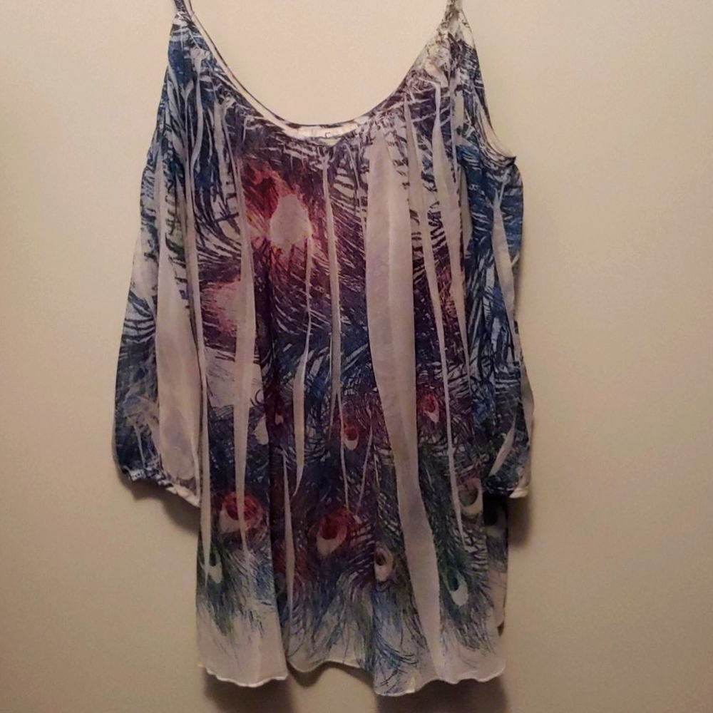 Moa Moa cold shoulder 3/4 sleeve peacock print 1x